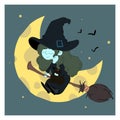 A little witch with a cat flies on a broomstick Royalty Free Stock Photo